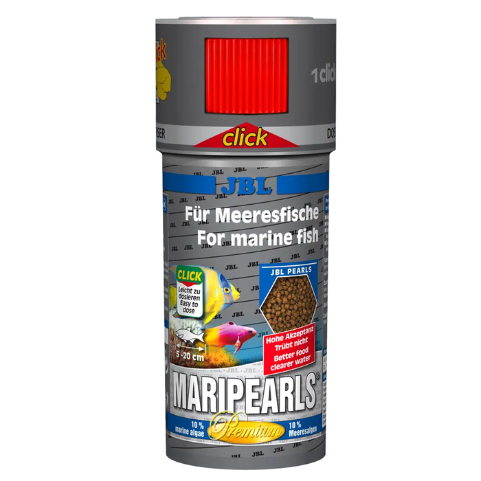 JBL MariPearls CLICK 250 ml packaging, ideal for marine fish feeding, promoting optimal growth and nutrition.