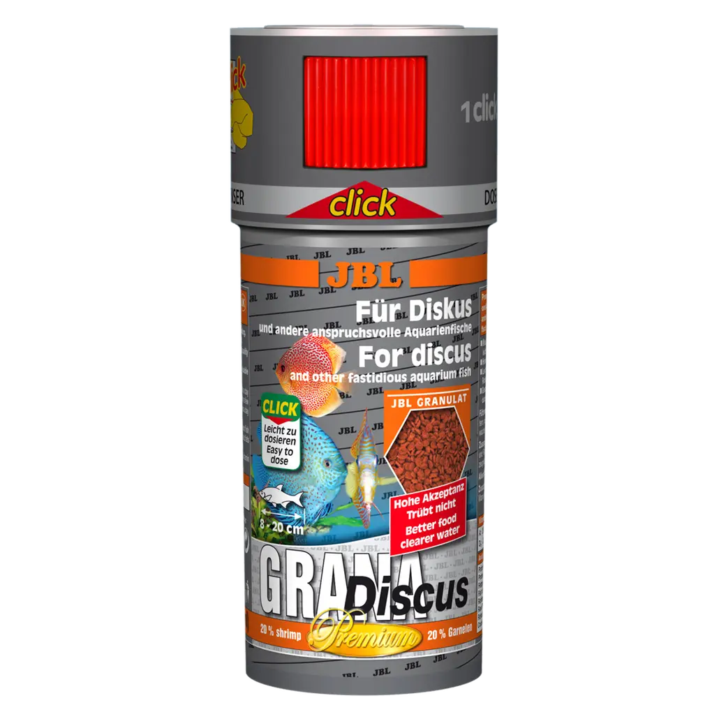 JBL GranaDiscus 250 ml CLICK – hochwertige Ernährung für Diskusbuntbarsche in praktischer Verpackung.