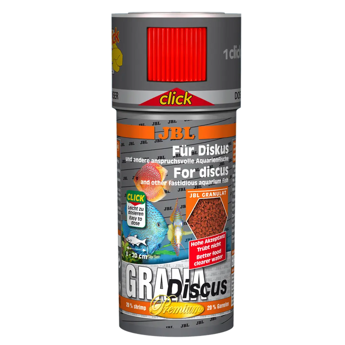 JBL GranaDiscus 250 ml CLICK – hochwertige Ernährung für Diskusbuntbarsche in praktischer Verpackung.