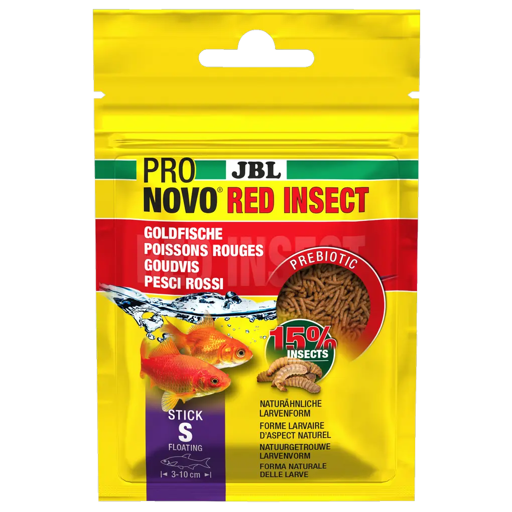 JBL PRONOVO RED INSECT STICK S 20ml fish food packaging with prebiotic and natural ingredients for goldfish.