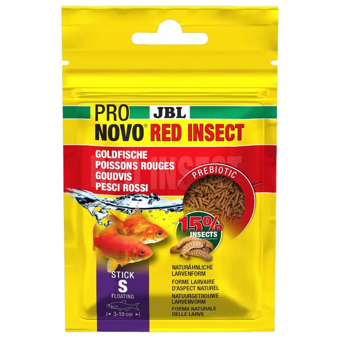 JBL PRONOVO RED INSECT STICK S 20ml fish food packaging with prebiotic and natural ingredients for goldfish.