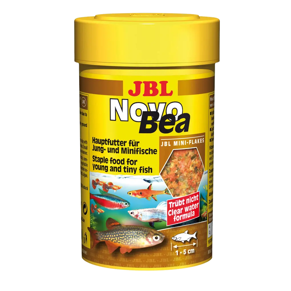 JBL NovoBea 100 ml pack featuring staple food for young and tiny fish in a bright yellow container.