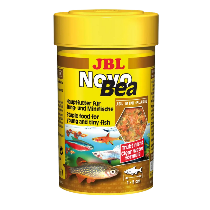 JBL NovoBea 100 ml pack featuring staple food for young and tiny fish in a bright yellow container.