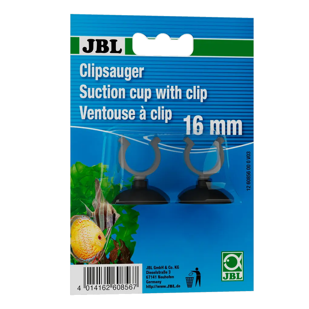 JBL Clipsauger 16 mm, black - Suction cup with clip packaging for aquarium accessories.