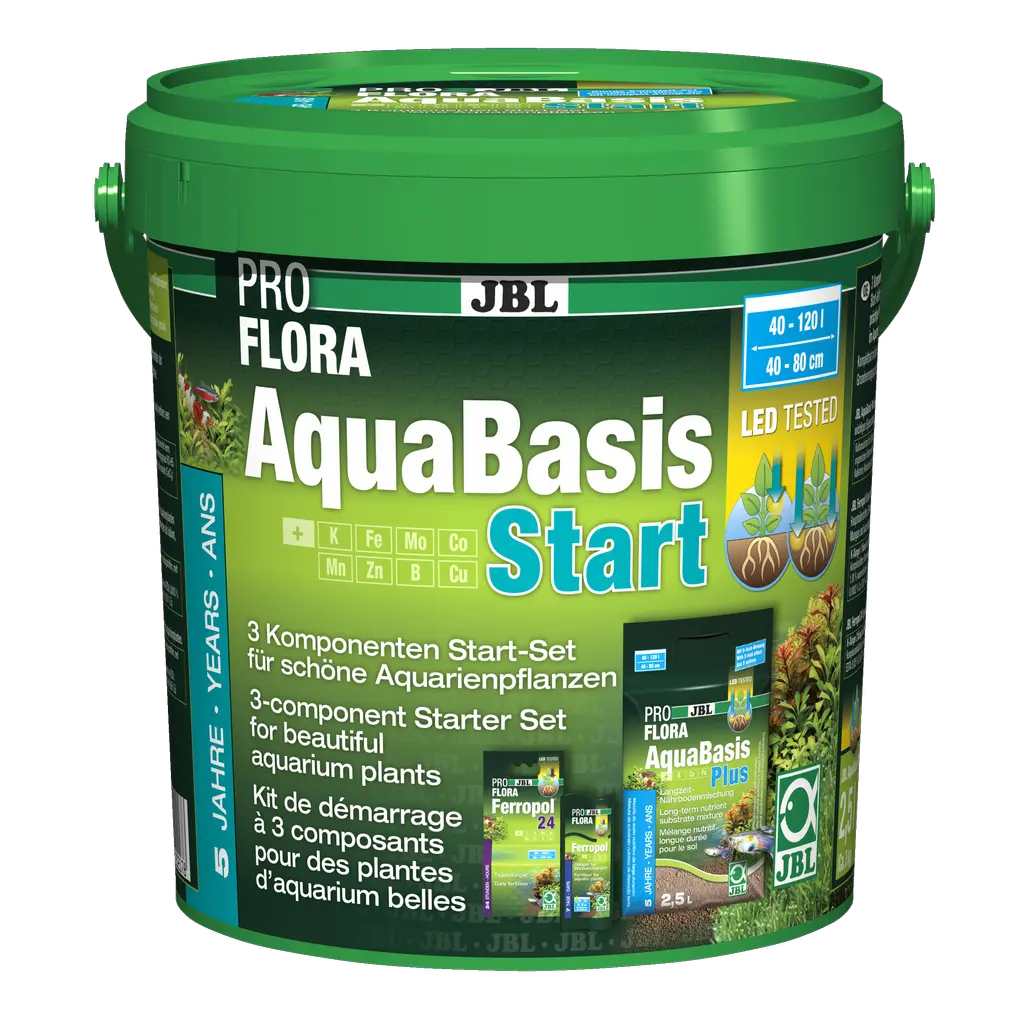 JBL PROFLORA AquaBasis Start 100 - Original Dünger-Set für Aquarienpflanzen in grünem Eimer präsentiert.