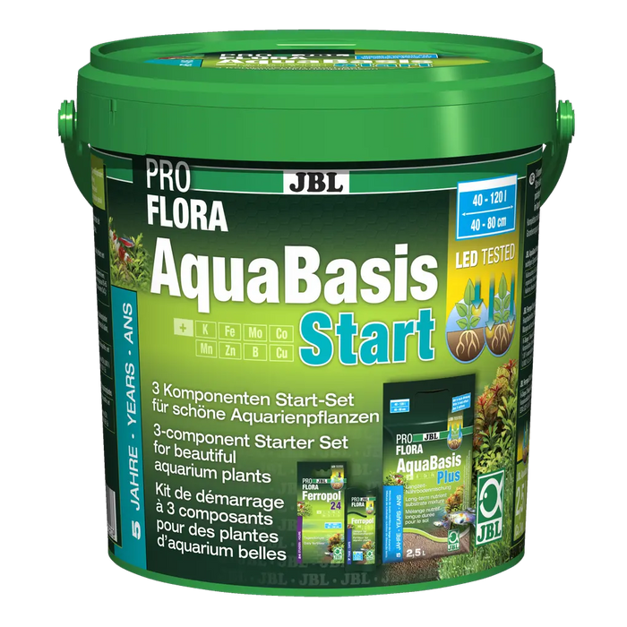 JBL PROFLORA AquaBasis Start 100 - Original Dünger-Set für Aquarienpflanzen in grünem Eimer präsentiert.