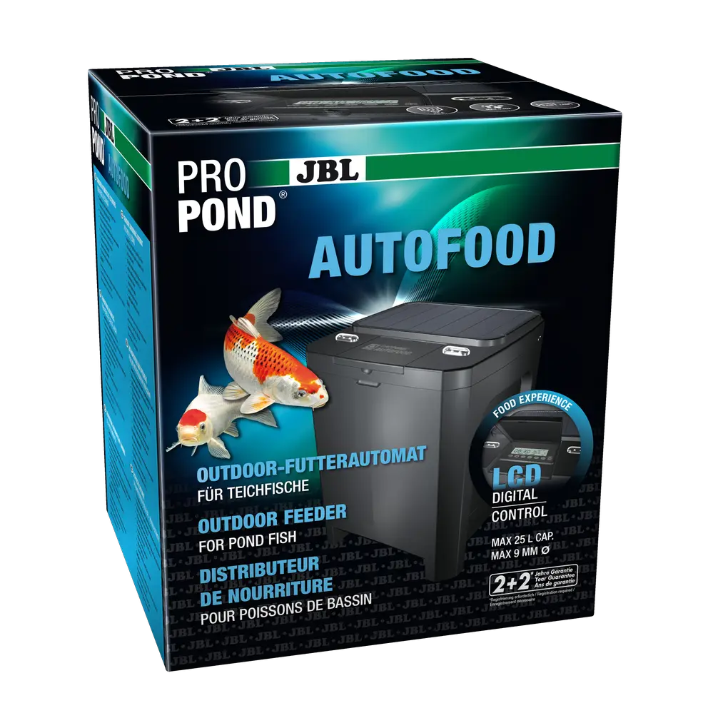 JBL PROPOND AUTOFOOD outdoor feeder packaging with digital control for pond fish.