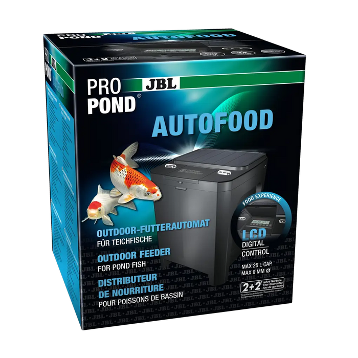 JBL PROPOND AUTOFOOD outdoor feeder packaging with digital control for pond fish.