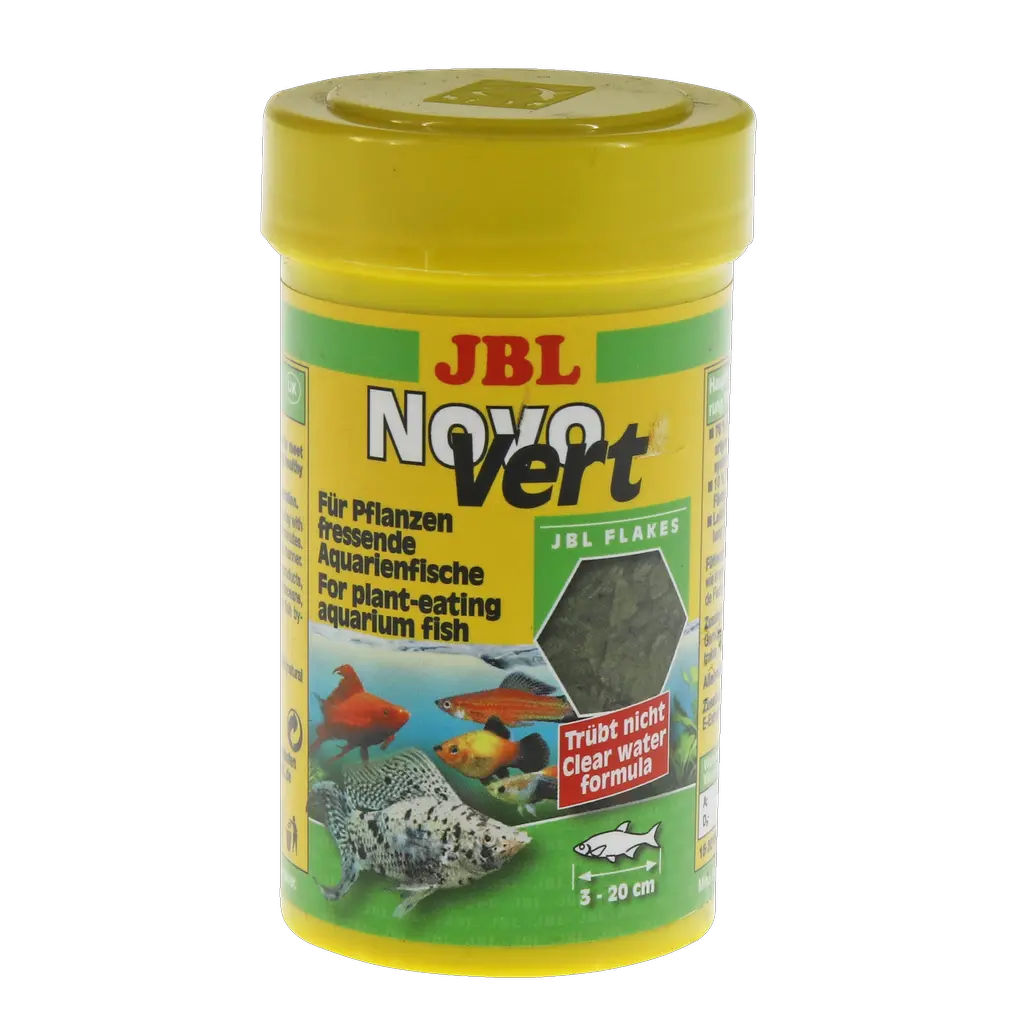 JBL NovoVert 100 ml Fischfutter für pflanzenfressende Süßwasserfische, 100 ml Dose mit JBl Flakes.