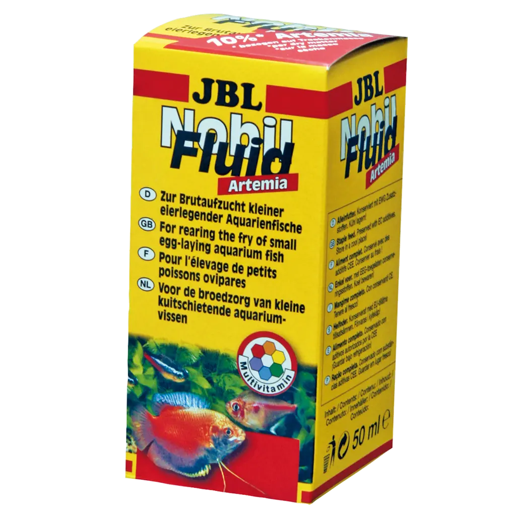 JBL NobilFluid Artemia 50 ml packaging for nutritious fish food and fry rearing.
