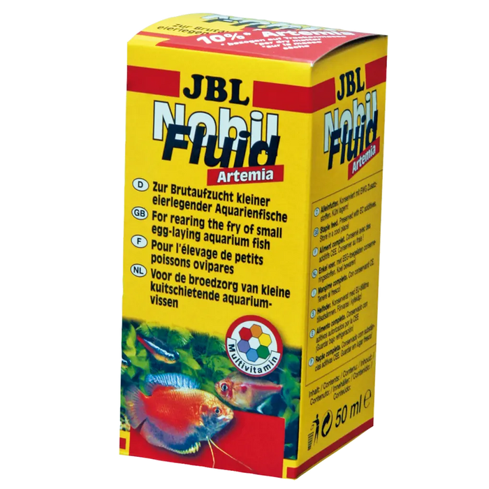 JBL NobilFluid Artemia 50 ml packaging for nutritious fish food and fry rearing.