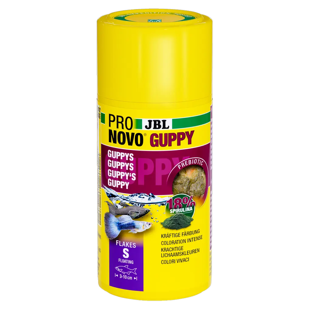 JBL PRONOVO GUPPY FLAKES S 100ml - prebiotic floating fish food for healthy guppy nutrition.