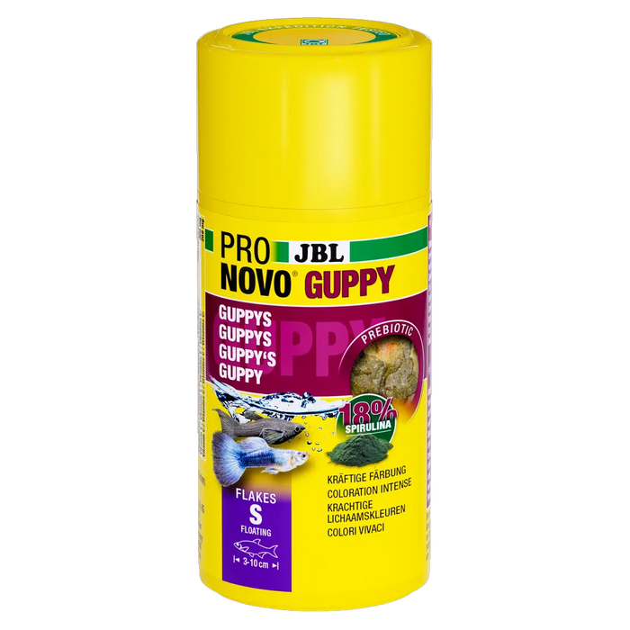 JBL PRONOVO GUPPY FLAKES S 100ml - prebiotic floating fish food for healthy guppy nutrition.