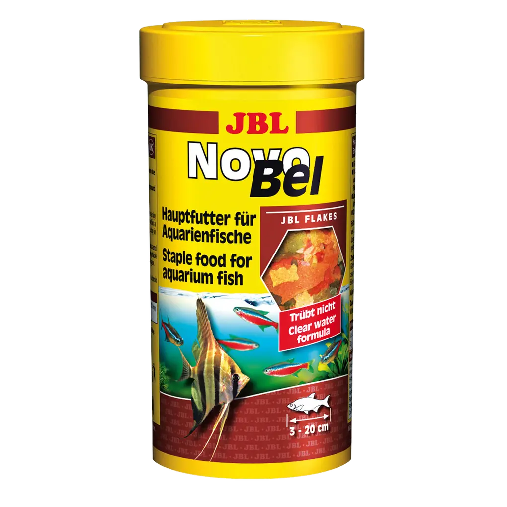 JBL NovoBel 250 ml fish food container with tropical fish instruction details.