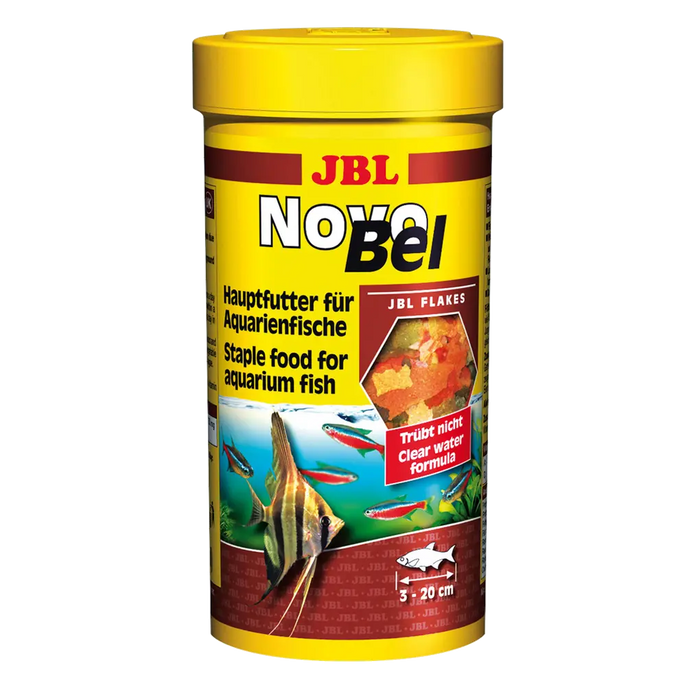 JBL NovoBel 250 ml fish food container with tropical fish instruction details.
