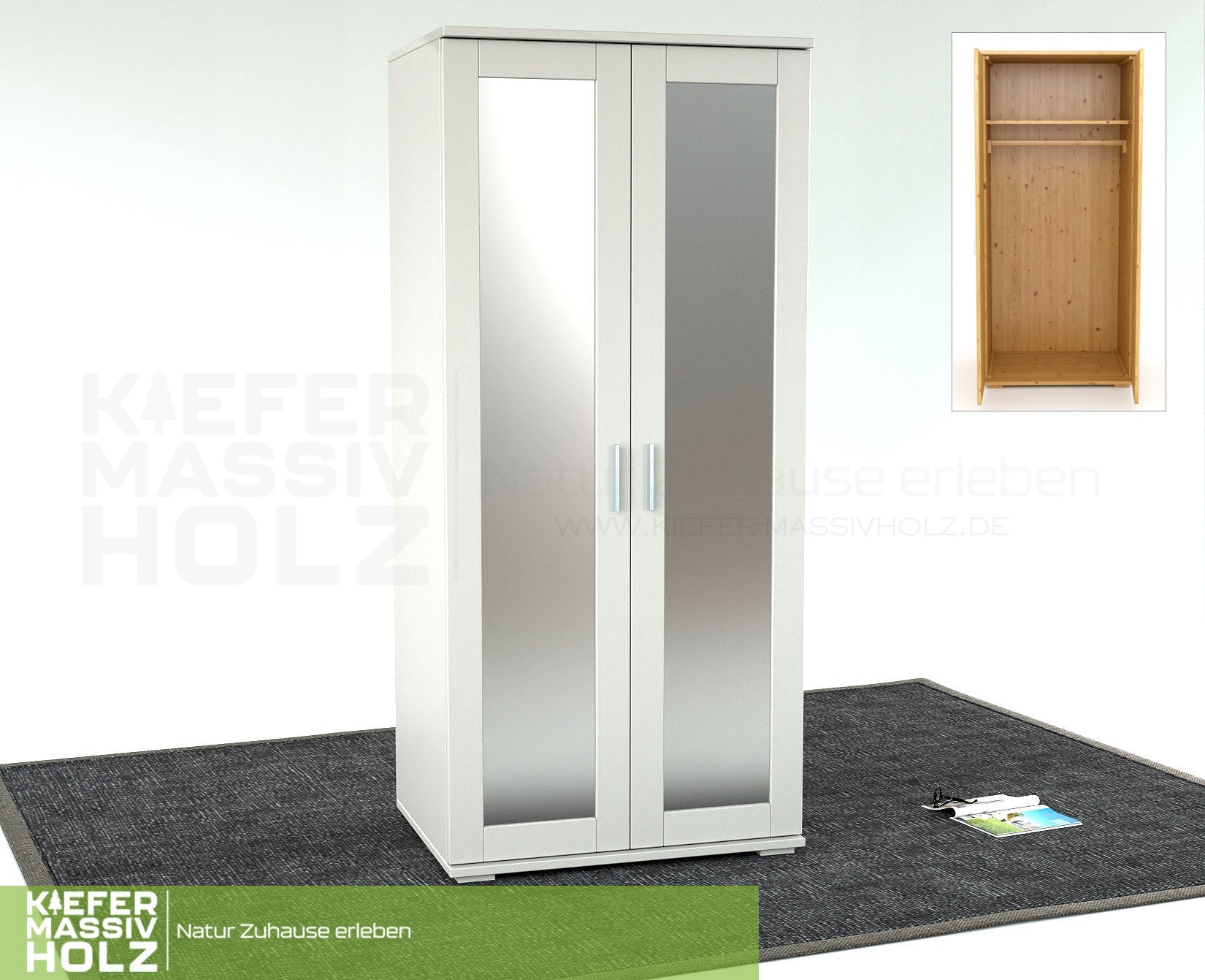 Nobis Spiegeltürenschrank | Kleiderschrank | mit Kleiderstange | 100% Bio Kiefer Massivholz