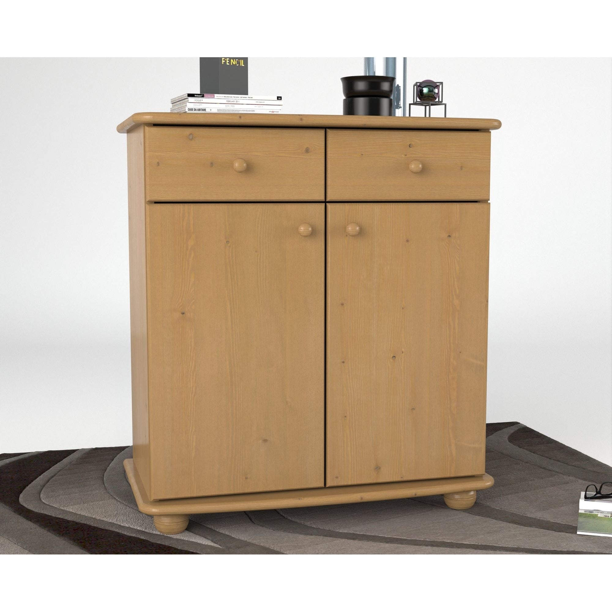 Anika Kommode Sideboard | Anrichte | 2-Schubladen 2-Türig 2-Regalfächer | 100% Bio Kiefer Massivholz