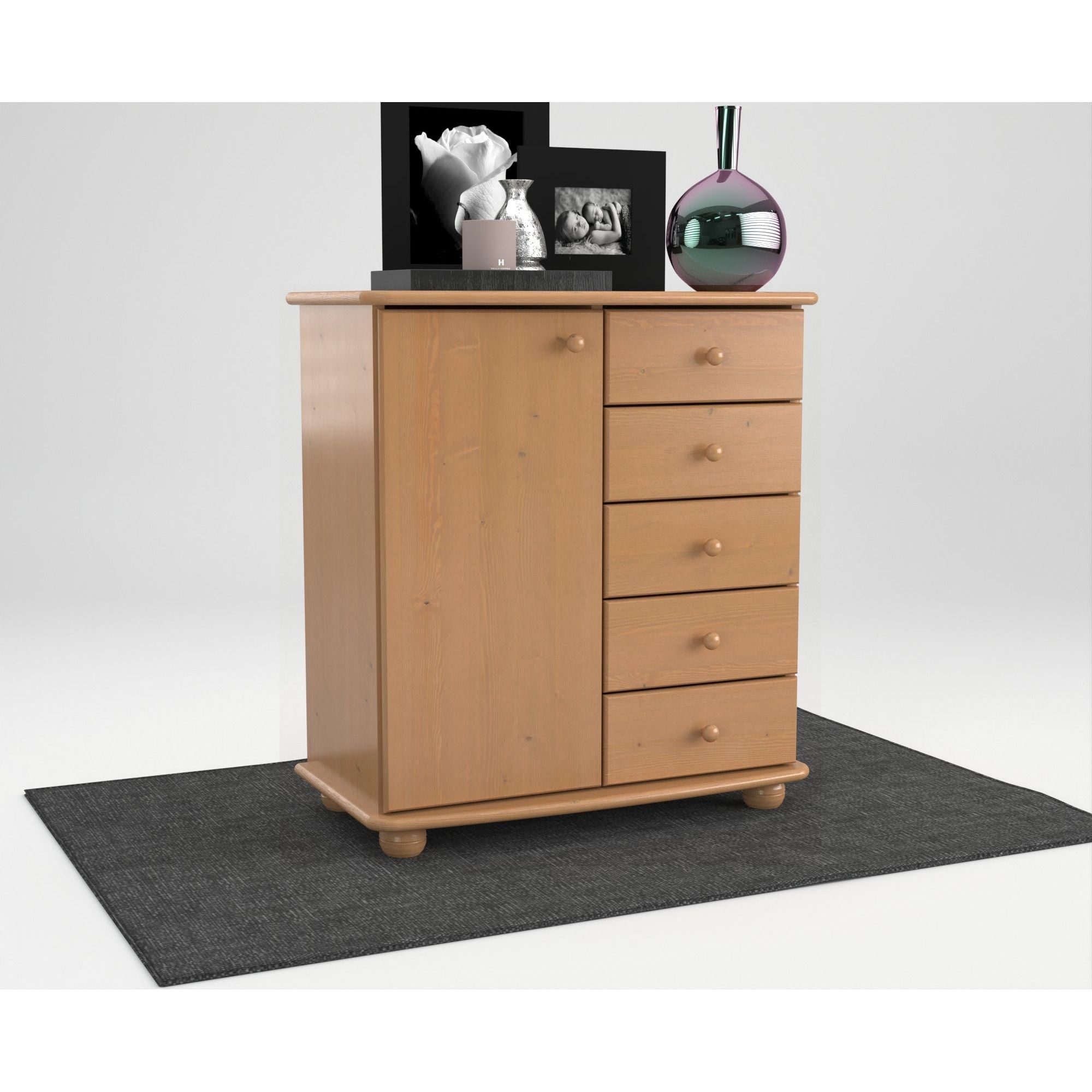 Anika Kommode Sideboard | Anrichte | 5-Schubladen | 1-Türig | 100% Bio Kiefer Massivholz