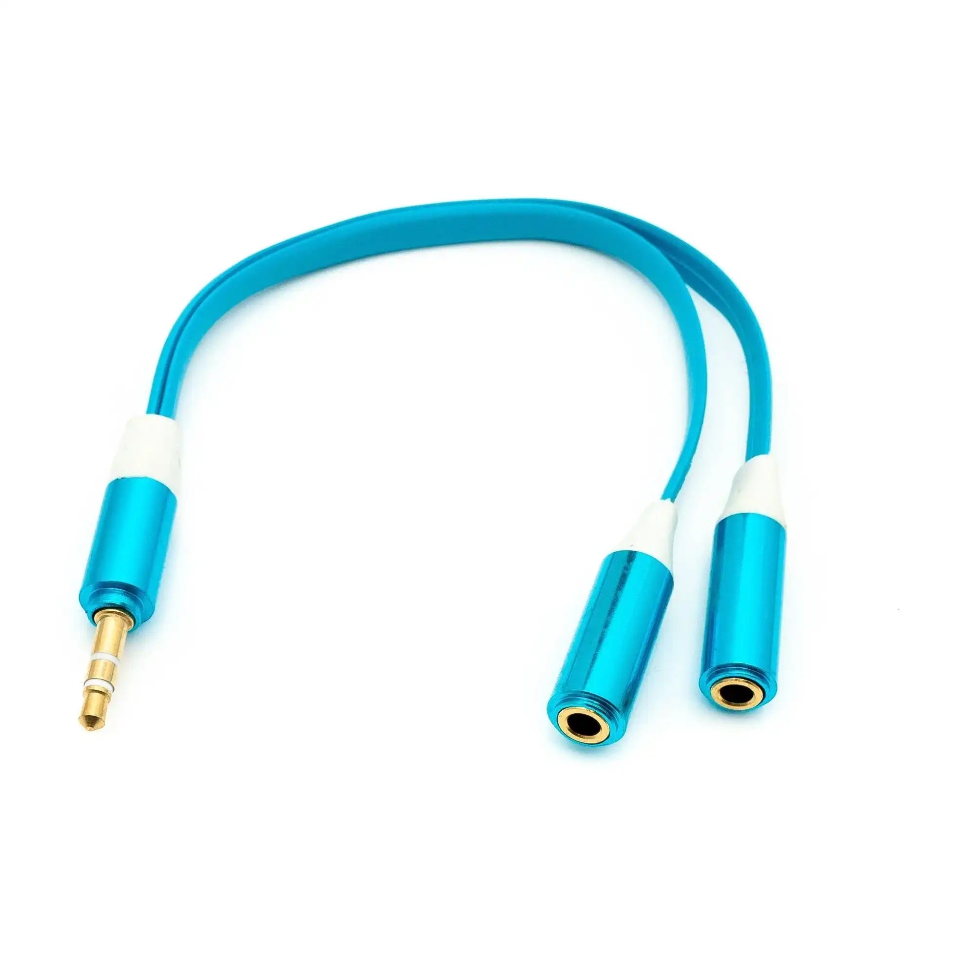 Audio Y Kabel 20 cm Stereo AUX Klinke 3,5 mm zu 2x Buchse Flach Blau Mit Flacher Bauform