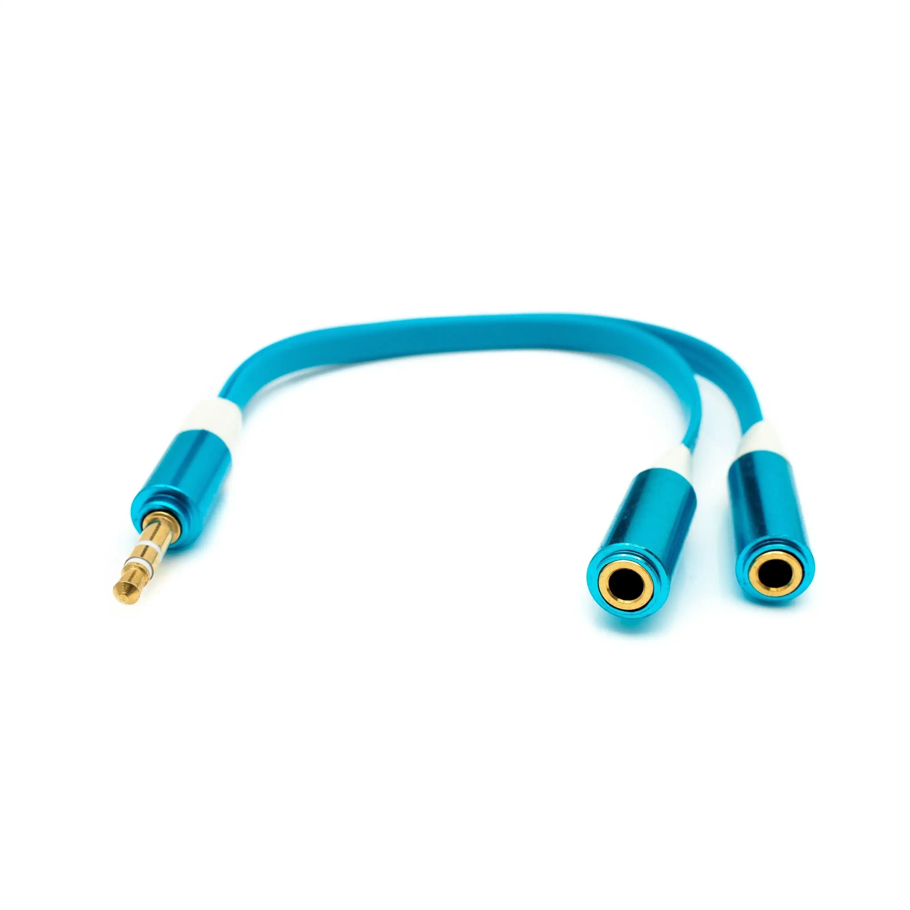 Audio Y Kabel 20 cm Stereo AUX Klinke 3,5 mm zu 2x Buchse Flach Blau Mit Flacher Bauform