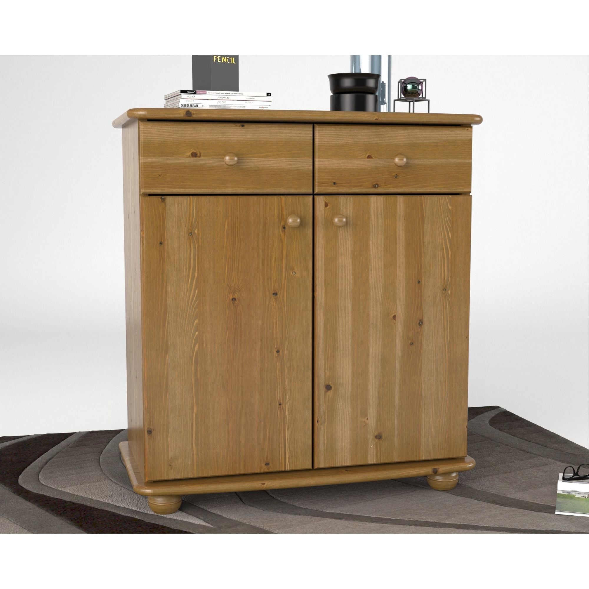 Anika Kommode Sideboard | Anrichte | 2-Schubladen 2-Türig 2-Regalfächer | 100% Bio Kiefer Massivholz