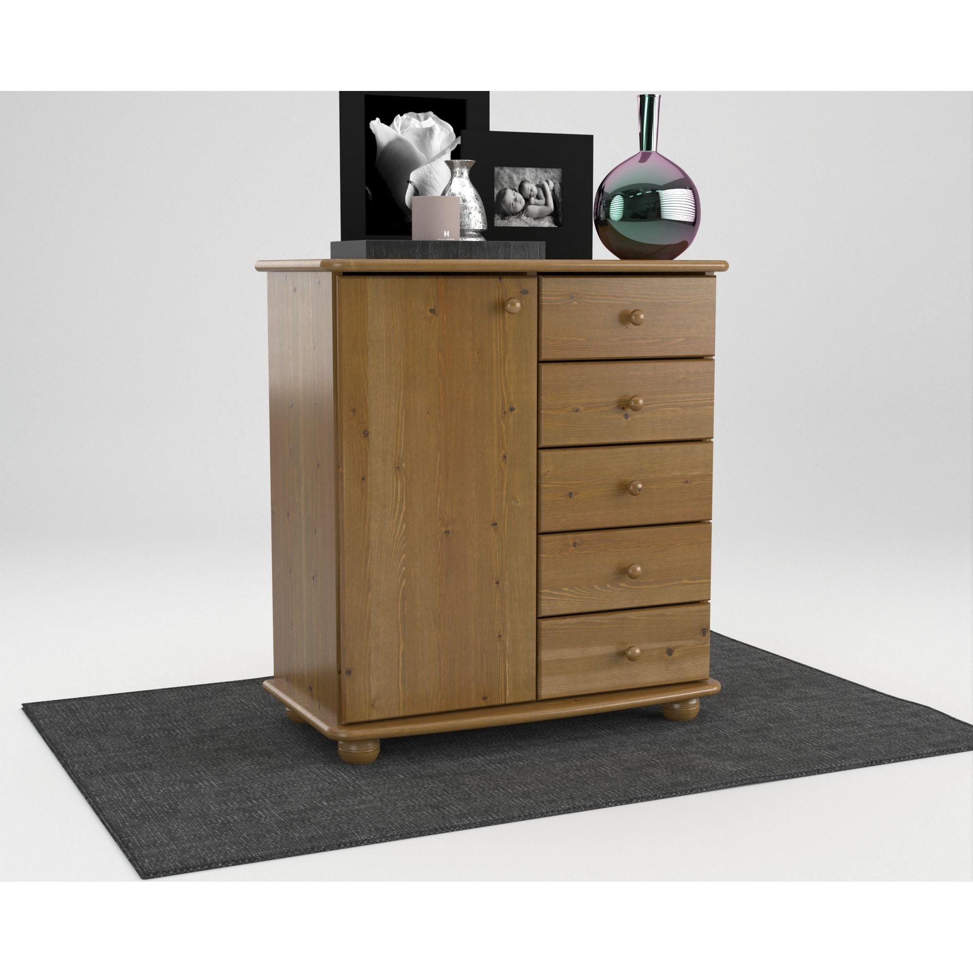 Anika Kommode Sideboard | Anrichte | 5-Schubladen | 1-Türig | 100% Bio Kiefer Massivholz