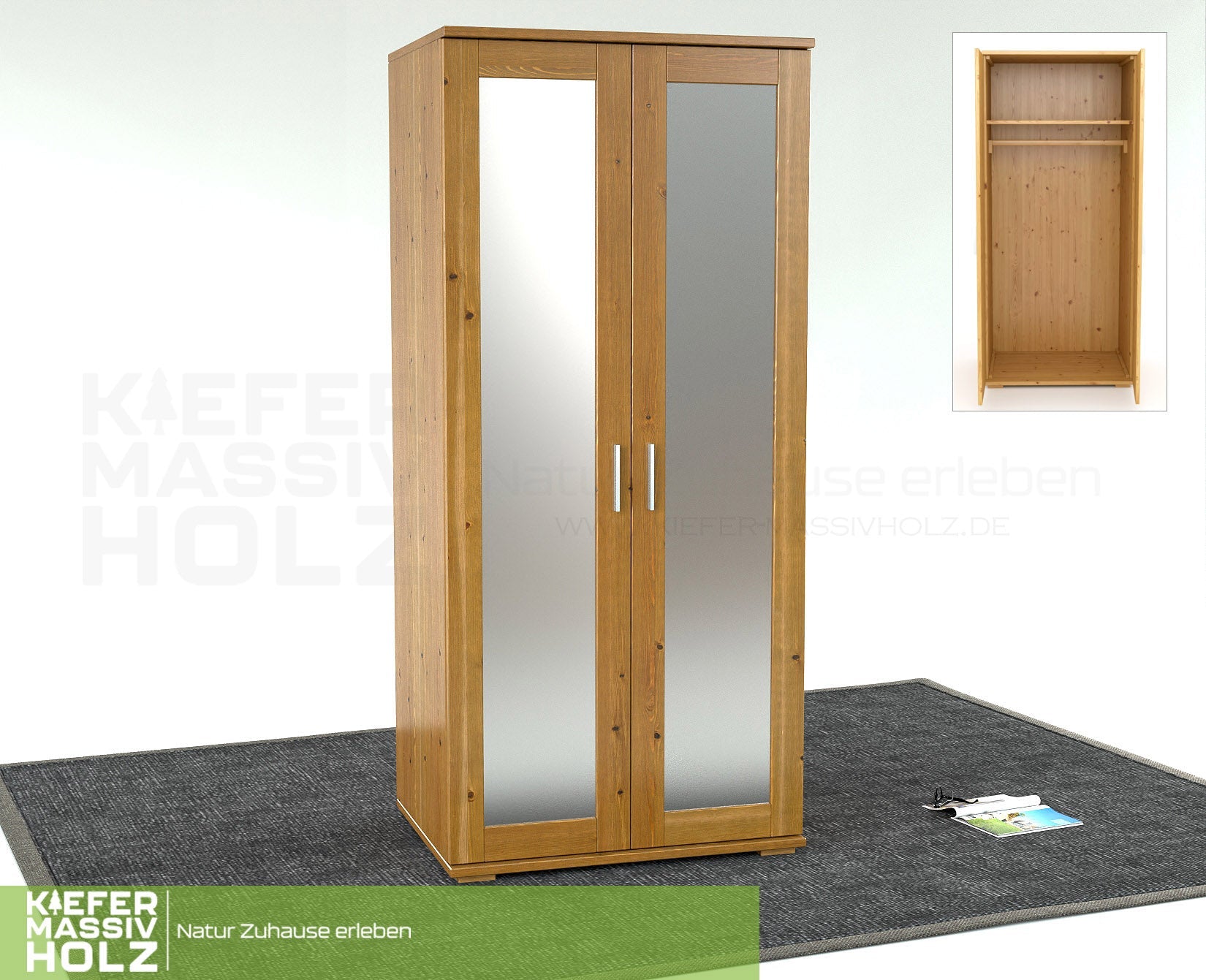 Nobis Spiegeltürenschrank | Kleiderschrank | mit Kleiderstange | 100% Bio Kiefer Massivholz