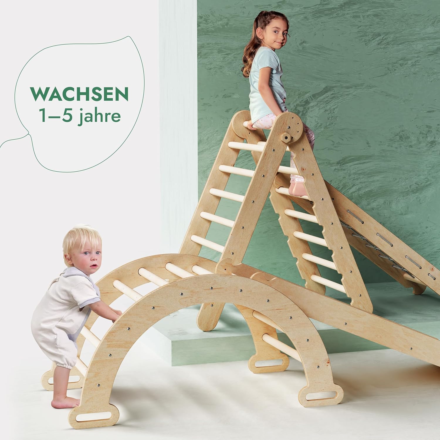 5in1 Montessori Klettergerüst Set: Kletterdreieck mit Rutsche, Kletterbogen, Kletternetz und Kissen, für Kinder 1-7 Jahre – Beige