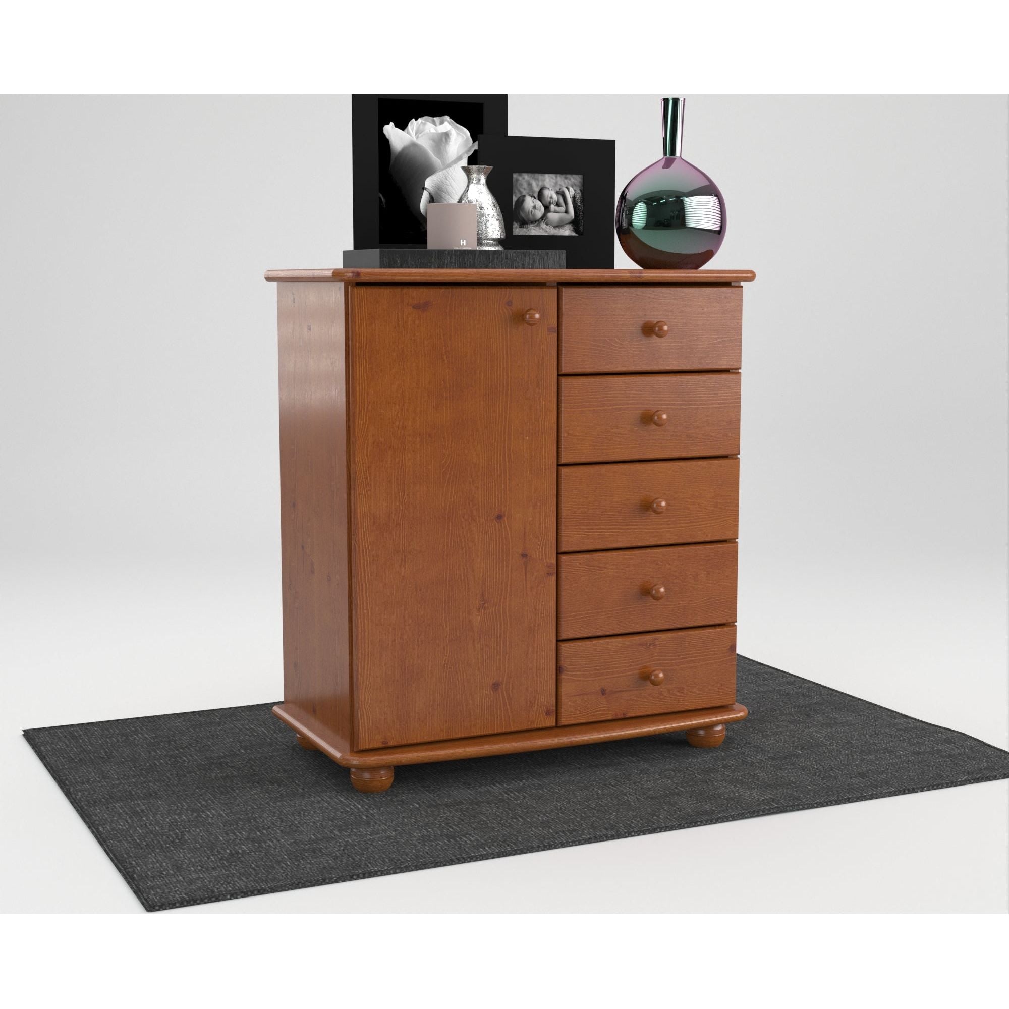 Anika Kommode Sideboard | Anrichte | 5-Schubladen | 1-Türig | 100% Bio Kiefer Massivholz