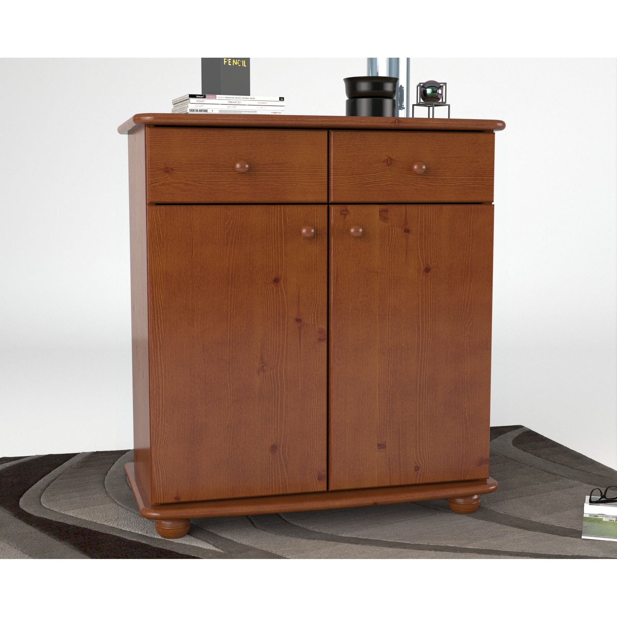 Anika Kommode Sideboard | Anrichte | 2-Schubladen 2-Türig 2-Regalfächer | 100% Bio Kiefer Massivholz