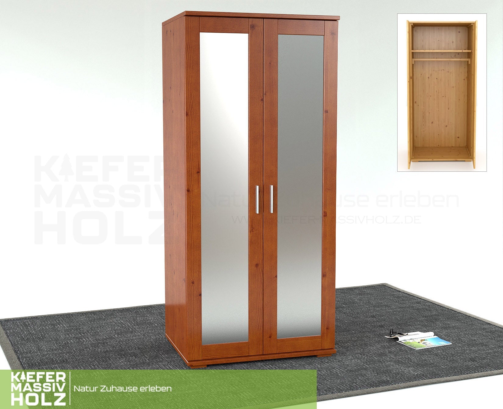 Nobis Spiegeltürenschrank | Kleiderschrank | mit Kleiderstange | 100% Bio Kiefer Massivholz