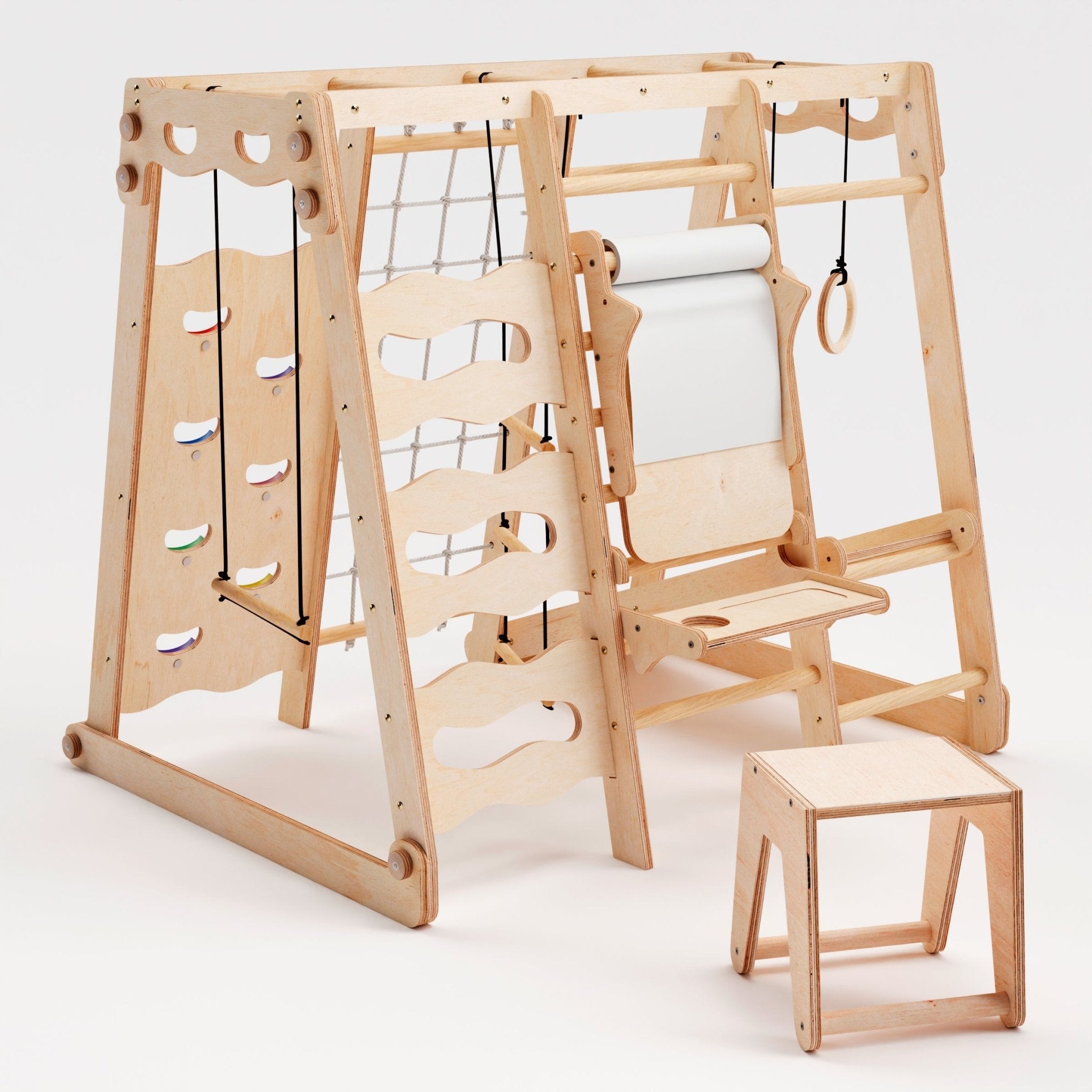 6in1 Indoor-Spielplatz aus Holz für Kinder –  Schaukel, Rutsche, Seil und Treppe