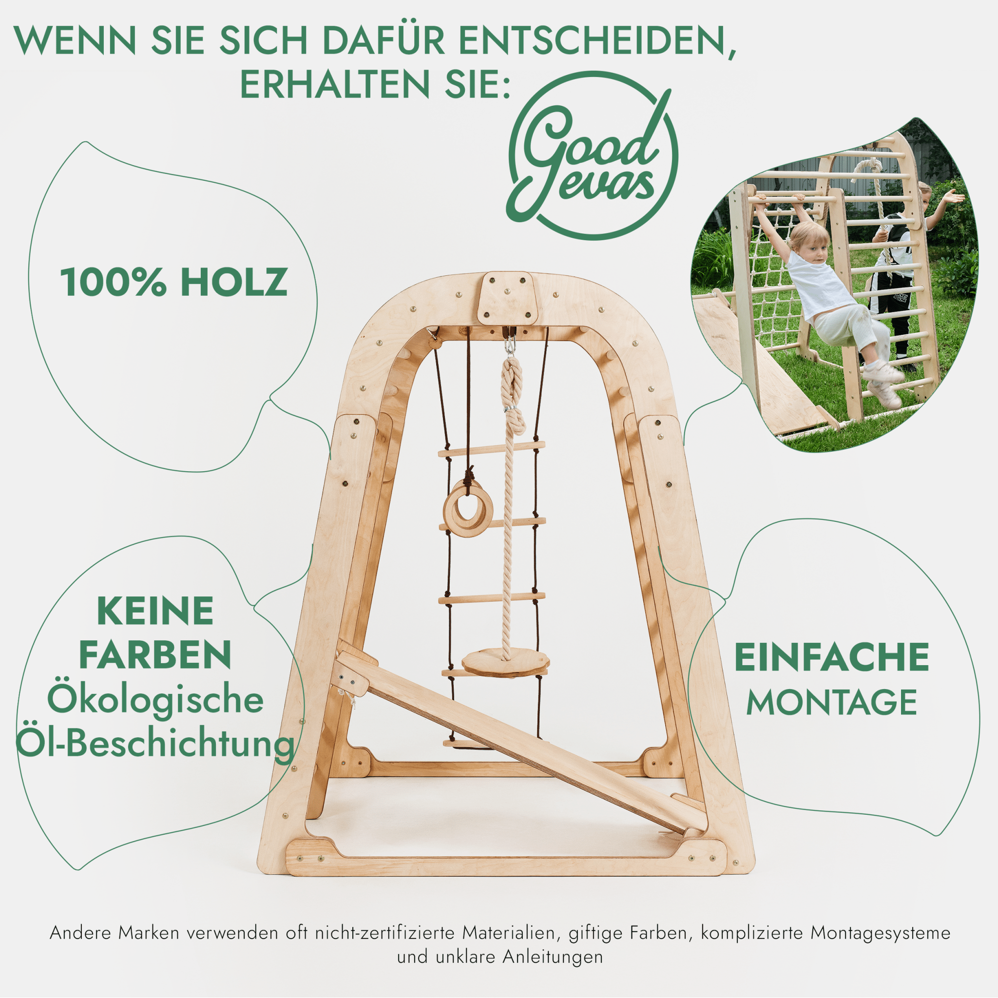6in1 Indoor Spielplatz für Kinder: Klettergerüst mit Kletternetz, Rutsche, Gymnastikringe, Hängende Leiter und Disc-Schaukel – Beige