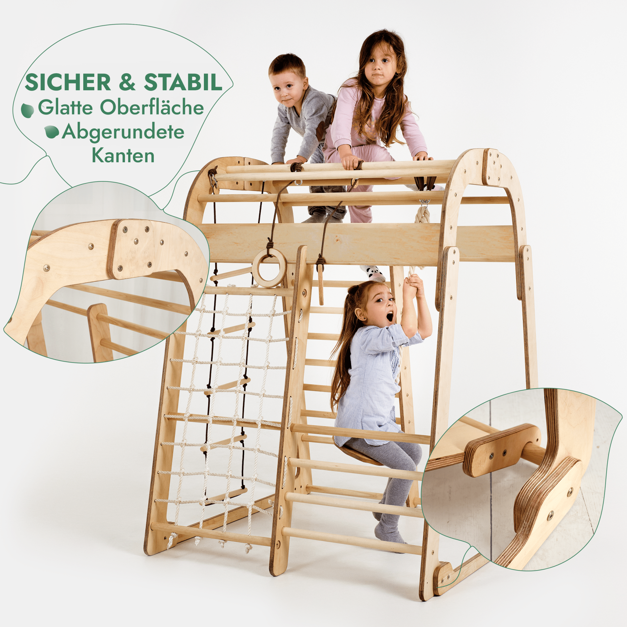 6in1 Indoor Spielplatz für Kinder: Klettergerüst mit Kletternetz, Rutsche, Gymnastikringe, Hängende Leiter und Disc-Schaukel – Beige