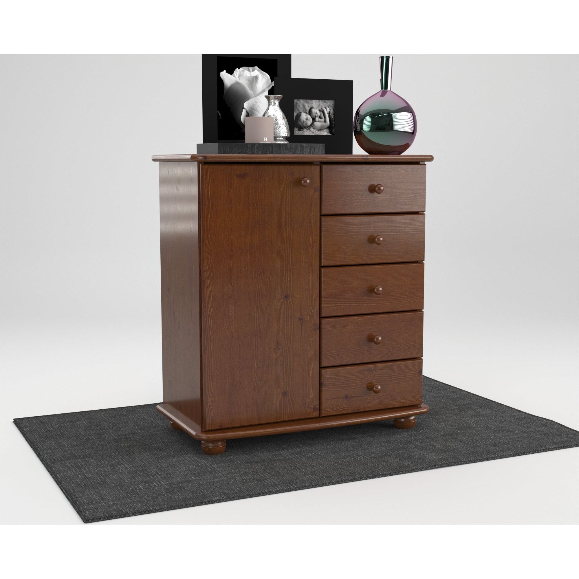 Anika Kommode Sideboard | Anrichte | 5-Schubladen | 1-Türig | 100% Bio Kiefer Massivholz