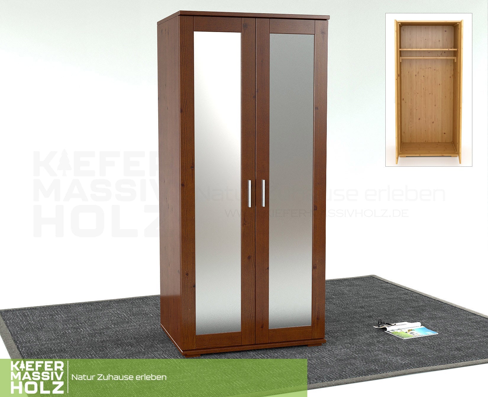 Nobis Spiegeltürenschrank | Kleiderschrank | mit Kleiderstange | 100% Bio Kiefer Massivholz