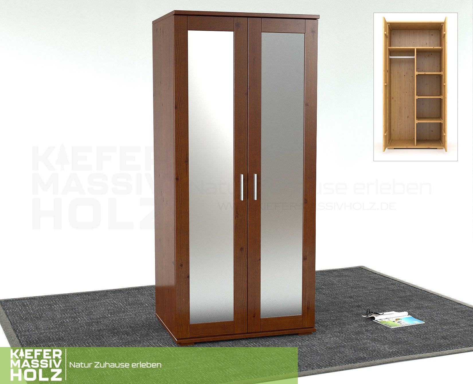 Nobis Spiegeltürenschrank | Kleiderschrank | Regale und Kleiderstange | 100% Bio Kiefer Massivholz