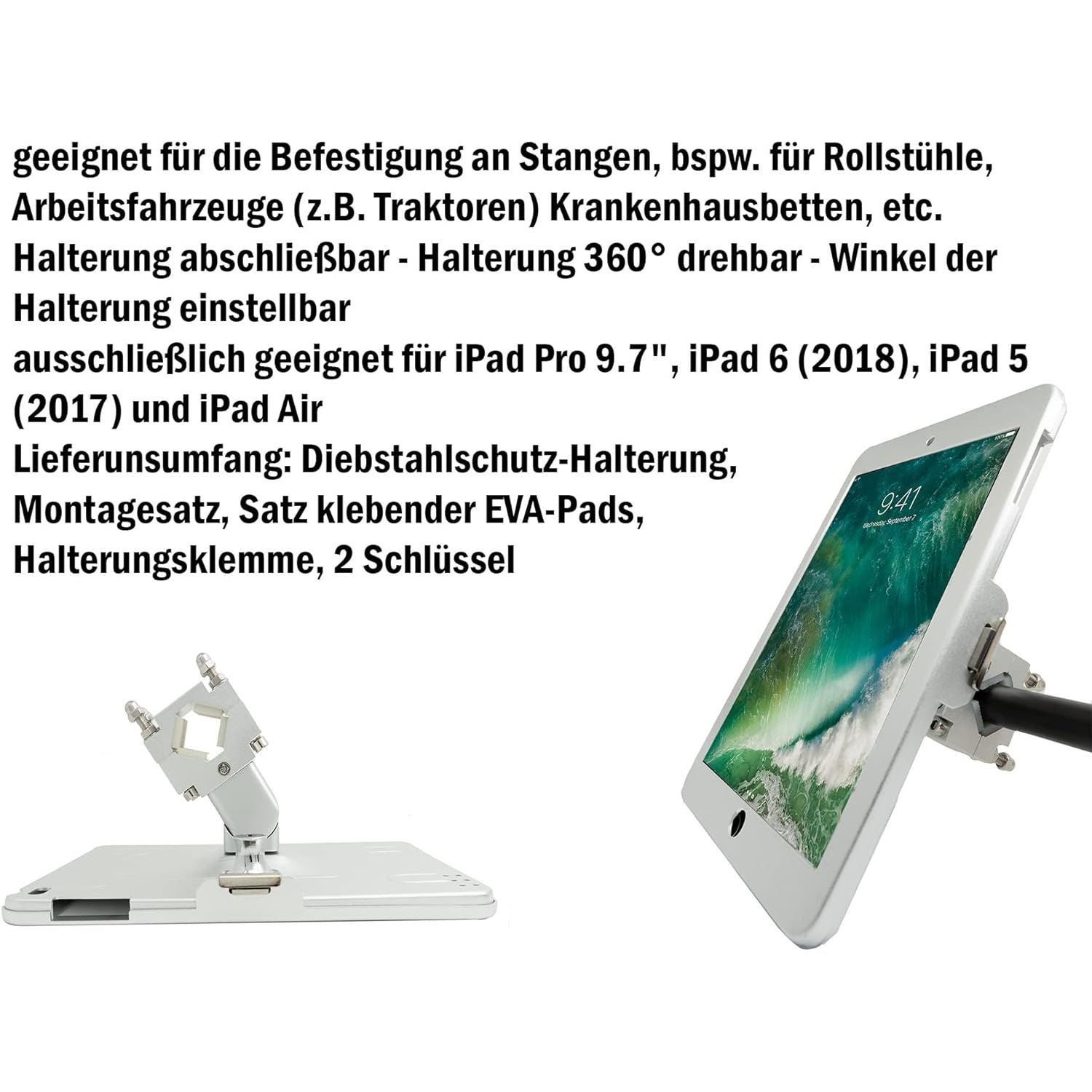 SYSTEM-S Stangenhalterung Mit Schloss Aus Metall Für iPad 9.7 Zoll 2018 Air 1 2 Modell