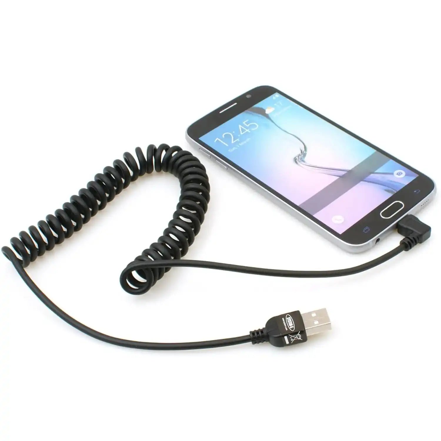 System-S Micro USB 2.0 Spiral Kabel 90 Grad gewinkelt Winkelstecker (links/male) Datenkabel Ladekabel 150cm