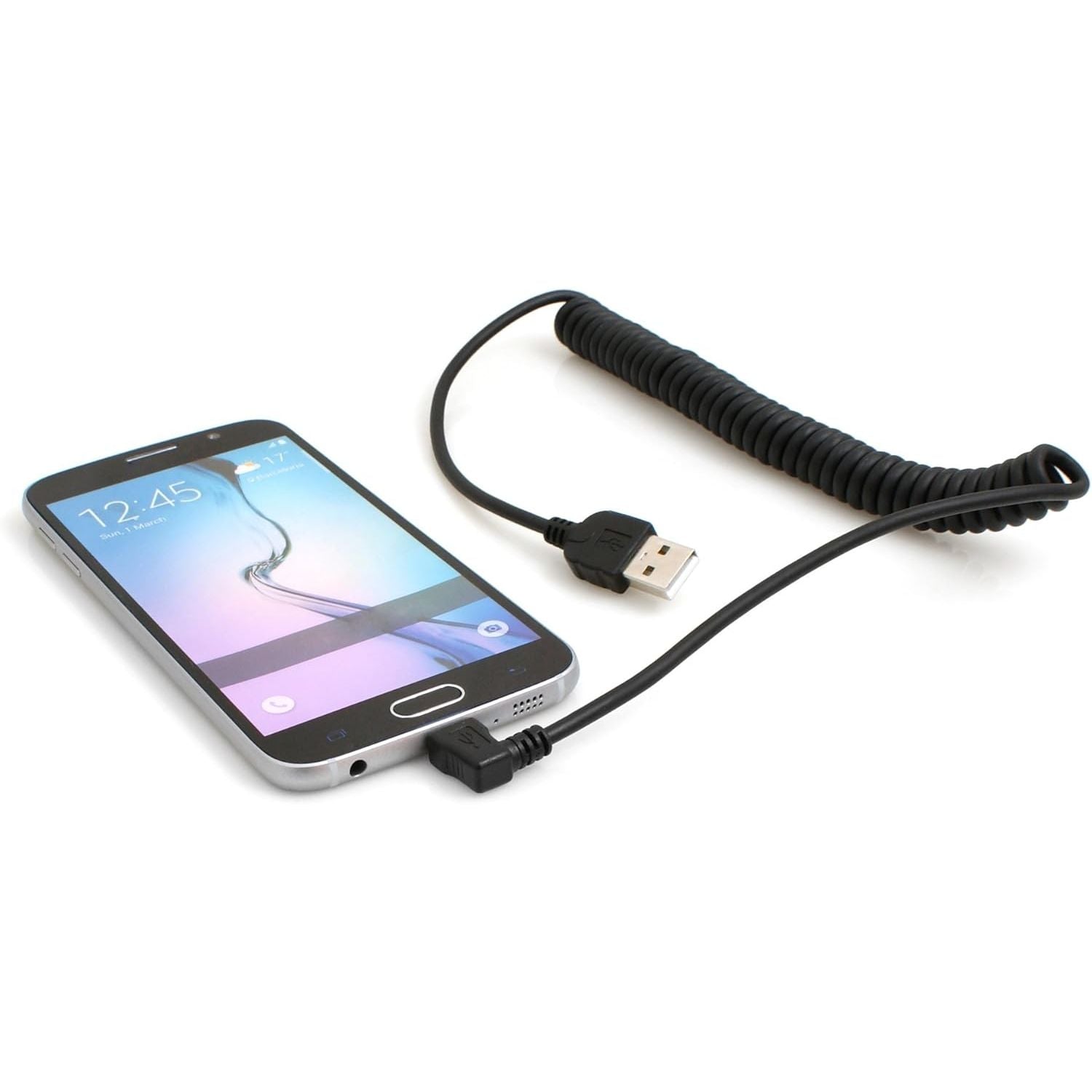 System-S Dehnbares Spiralkabel Micro USB 2.0  kompatibel Kabel gewinkelt 90 grad Winkelstecker (rechts/male) Datenkabel und Ladekabel 50 - 135 cm