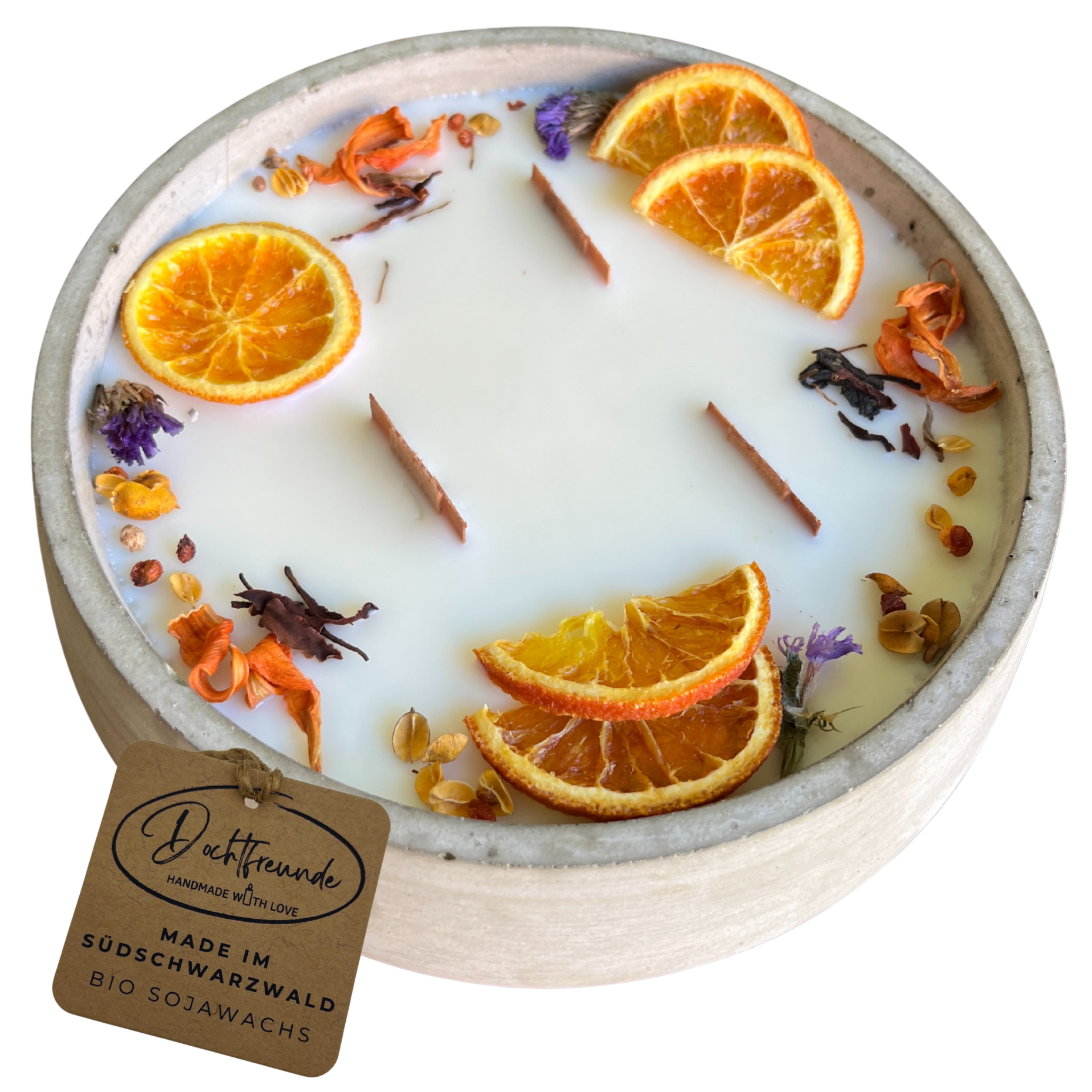 Handbesetze XXL Outdoor Citronella-Betonkerze „Big Grey - Mugge Schreck“ – Mit drei Holdochten - Handgemachter Insektenschutz aus dem Südschwarzwald mit Blütenverzierung