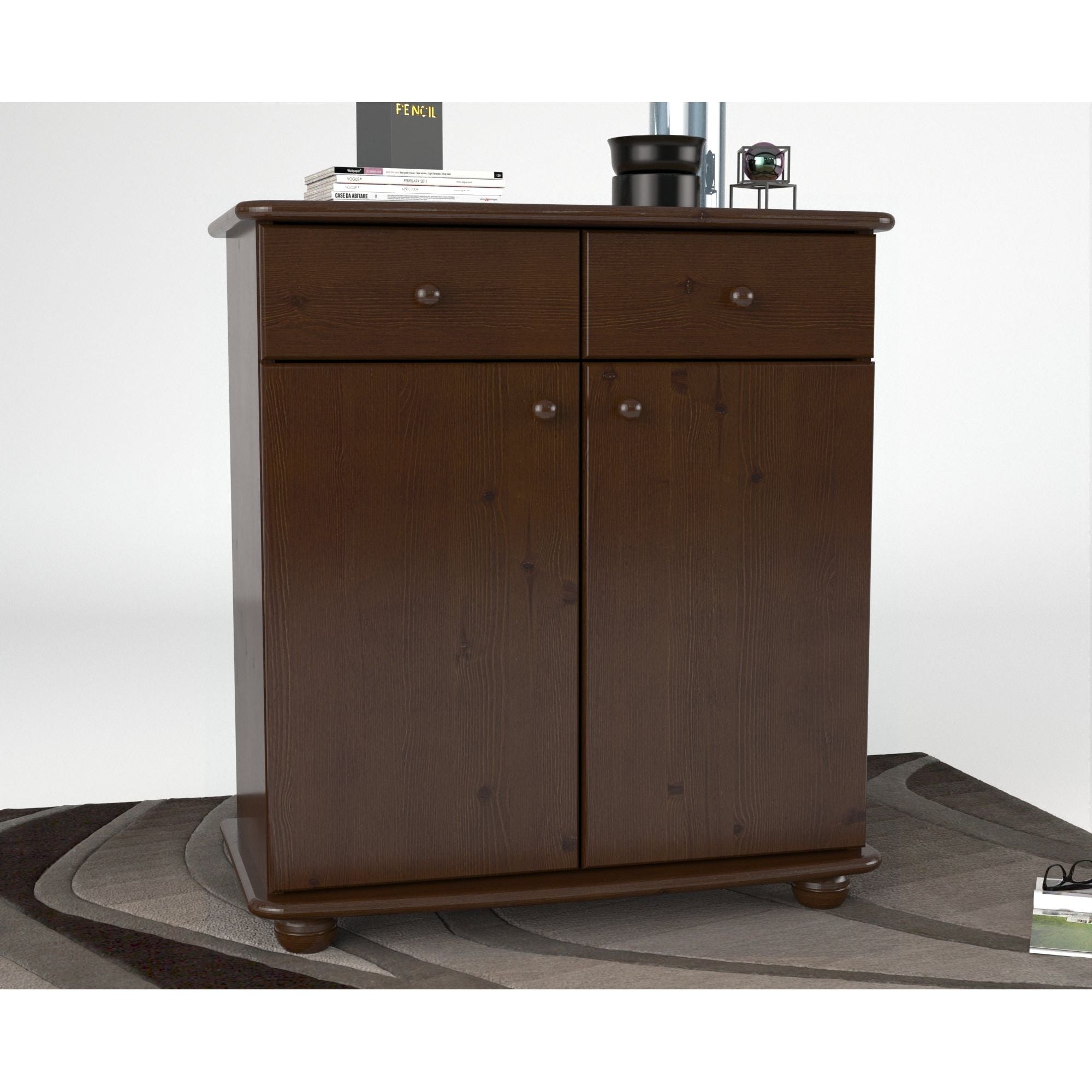 Anika Kommode Sideboard | Anrichte | 2-Schubladen 2-Türig 2-Regalfächer | 100% Bio Kiefer Massivholz