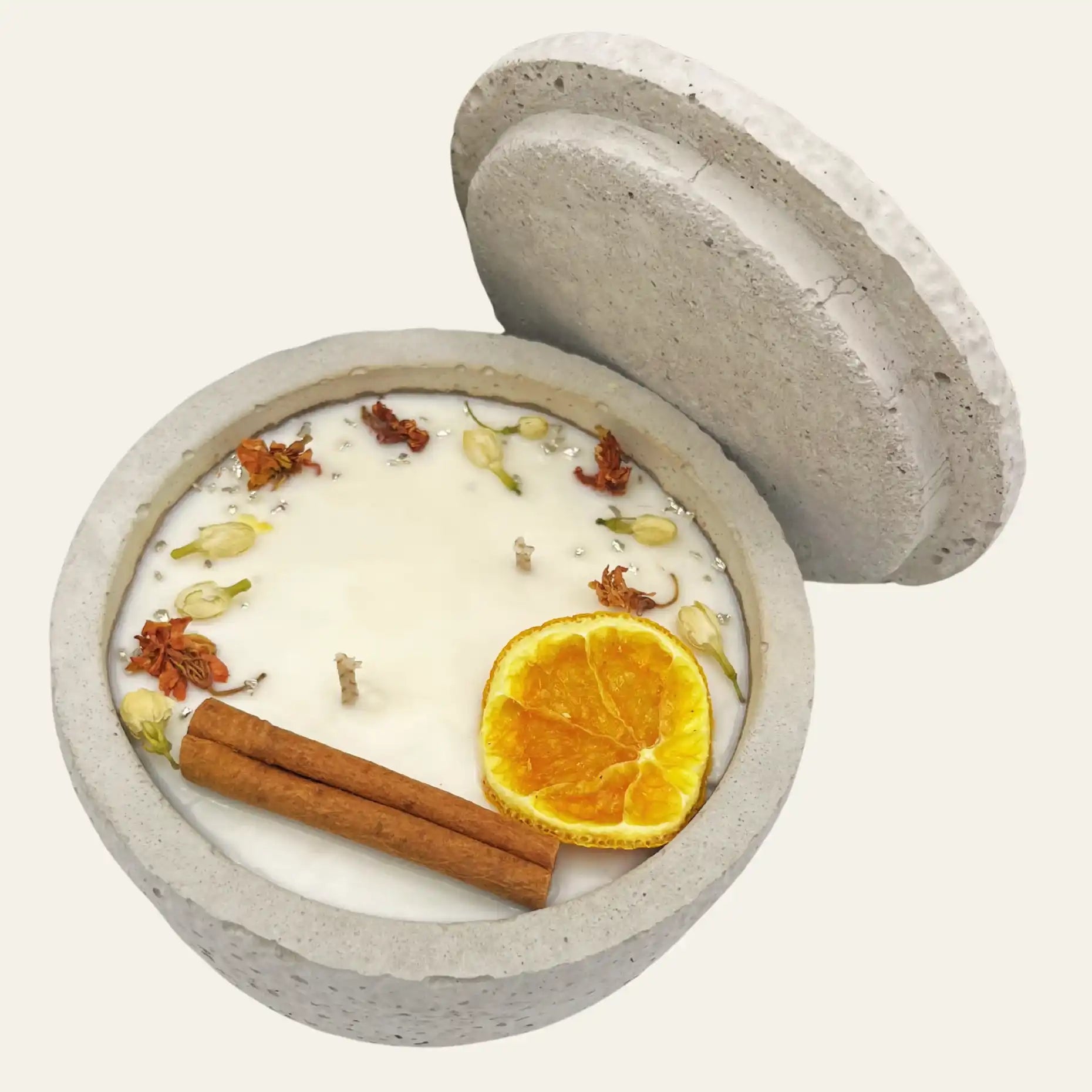 Zwei Docht Betonkerze Betongrau „Grey Orange“ für Herbst und Winter - Stilvolle Aroma Sojawachskerze für Ihr Zuhause. Mit Blütenverzierung und HOCHWERTIGEM Baumwolldocht aus dem Südschwarzwald by DochtFreunde