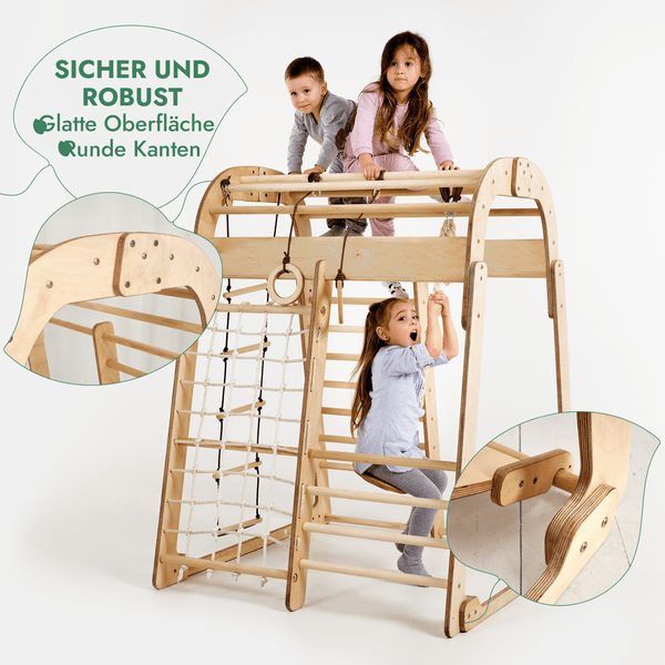 8in1 Indoor Spielplatz: Klettergerüst mit Kletternetz, Rutsche, Gymnastikringe, Hängende Leiter, Disc-Schaukel, Maltafel und Kinderstuhl – Beige