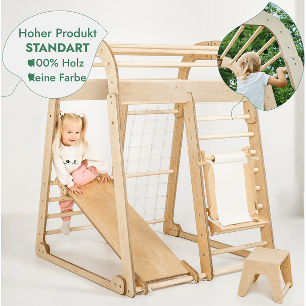 8in1 Indoor Spielplatz: Klettergerüst mit Kletternetz, Rutsche, Gymnastikringe, Hängende Leiter, Disc-Schaukel, Maltafel und Kinderstuhl – Beige