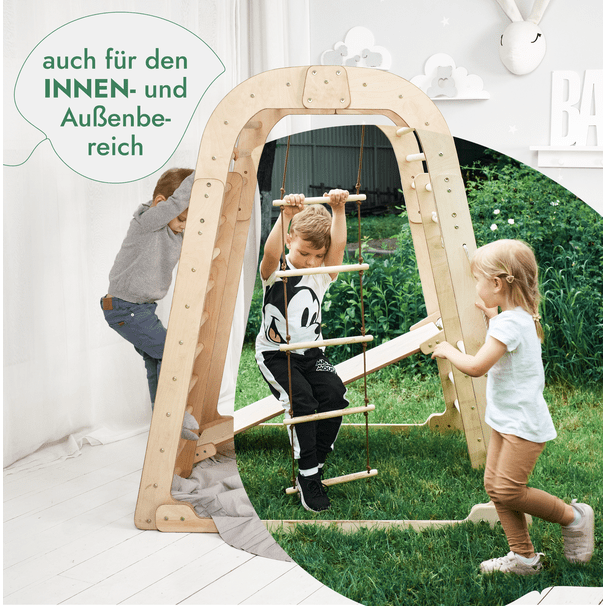 8in1 Indoor Spielplatz: Klettergerüst mit Kletternetz, Rutsche, Gymnastikringe, Hängende Leiter, Disc-Schaukel, Maltafel und Kinderstuhl – Beige