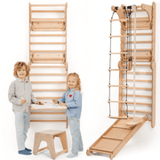 8in1 Kletterwand Indoor: Sprossenwand, Gymnastikringe, Hängende Leiter, Disc-Schaukel, Rutsche, Klimmzugstange, Maltafel und Kinderstuhl für Kinder – Beige