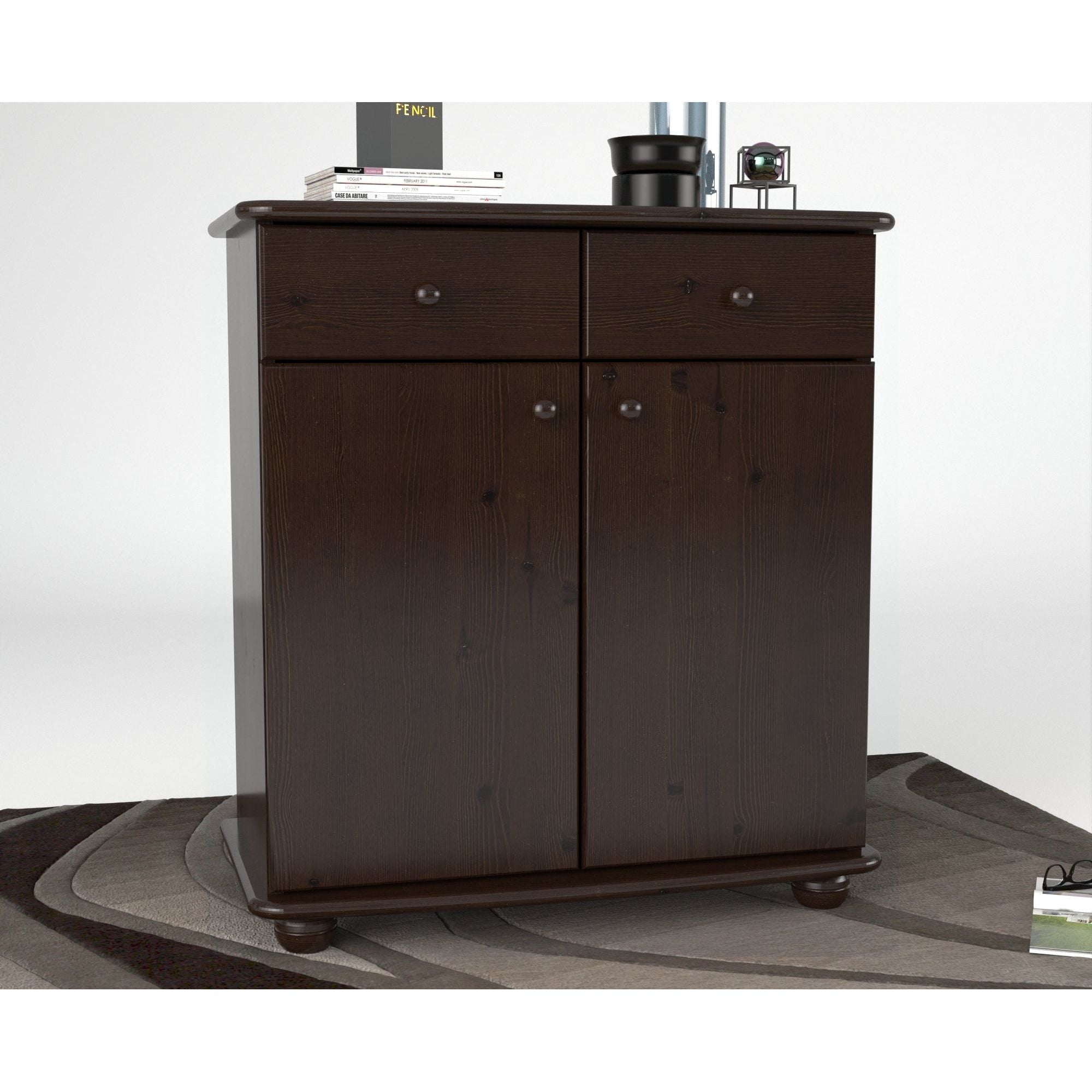 Anika Kommode Sideboard | Anrichte | 2-Schubladen 2-Türig 2-Regalfächer | 100% Bio Kiefer Massivholz