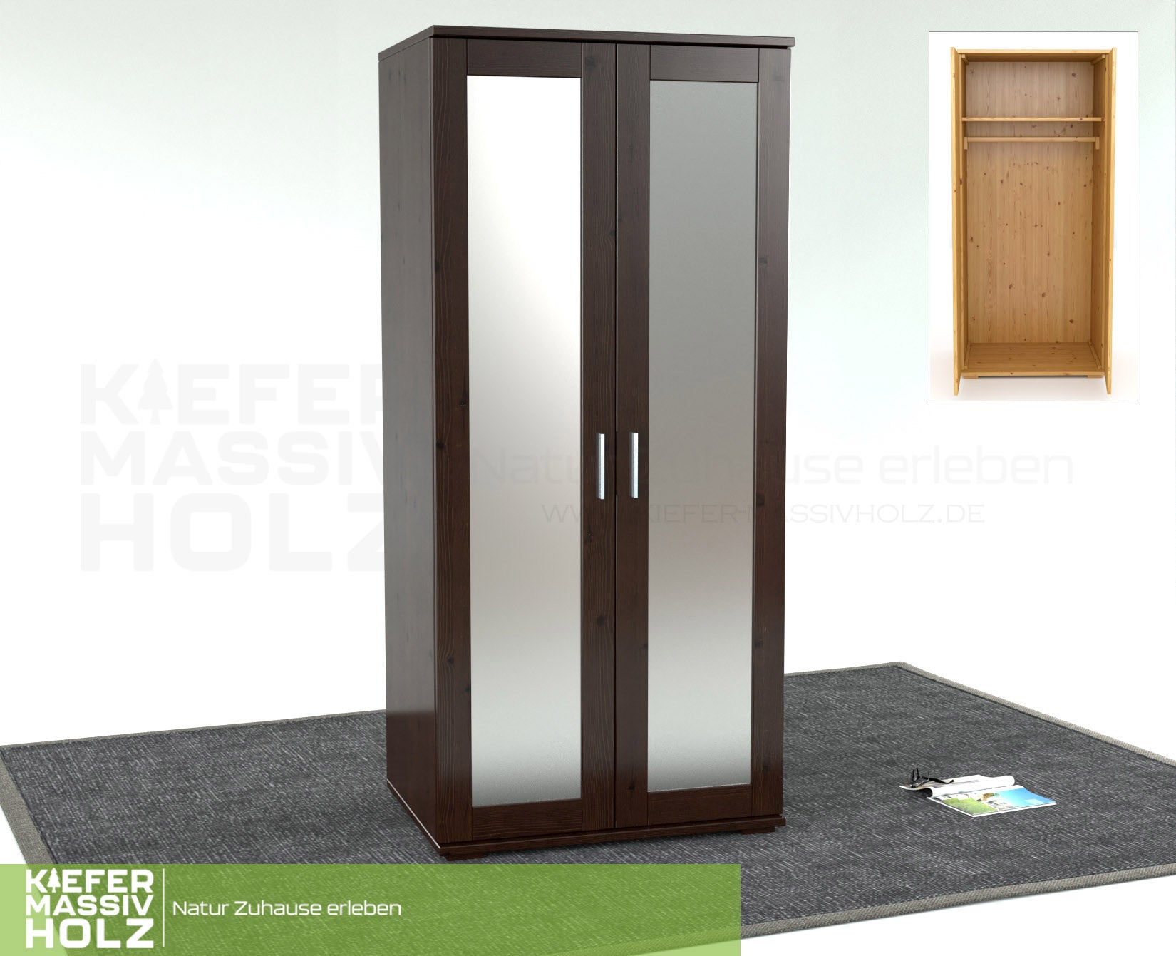 Nobis Spiegeltürenschrank | Kleiderschrank | mit Kleiderstange | 100% Bio Kiefer Massivholz