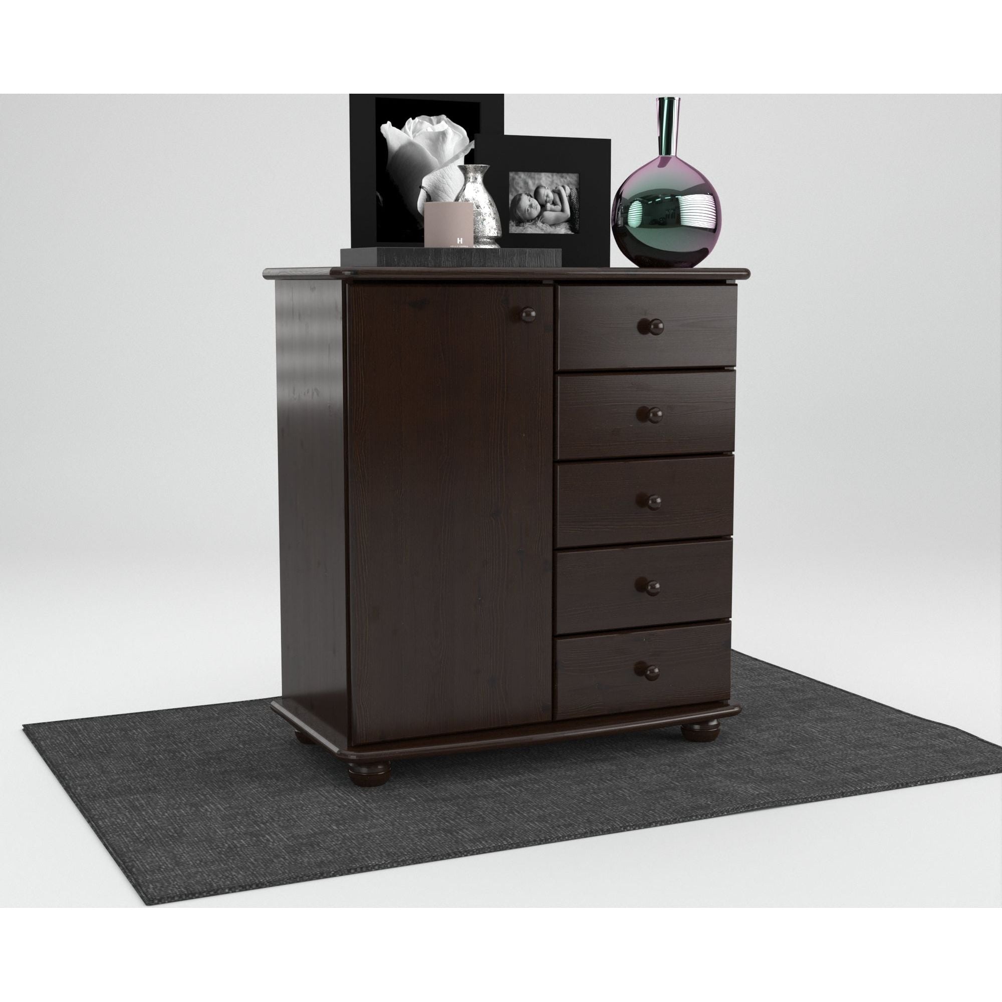 Anika Kommode Sideboard | Anrichte | 5-Schubladen | 1-Türig | 100% Bio Kiefer Massivholz